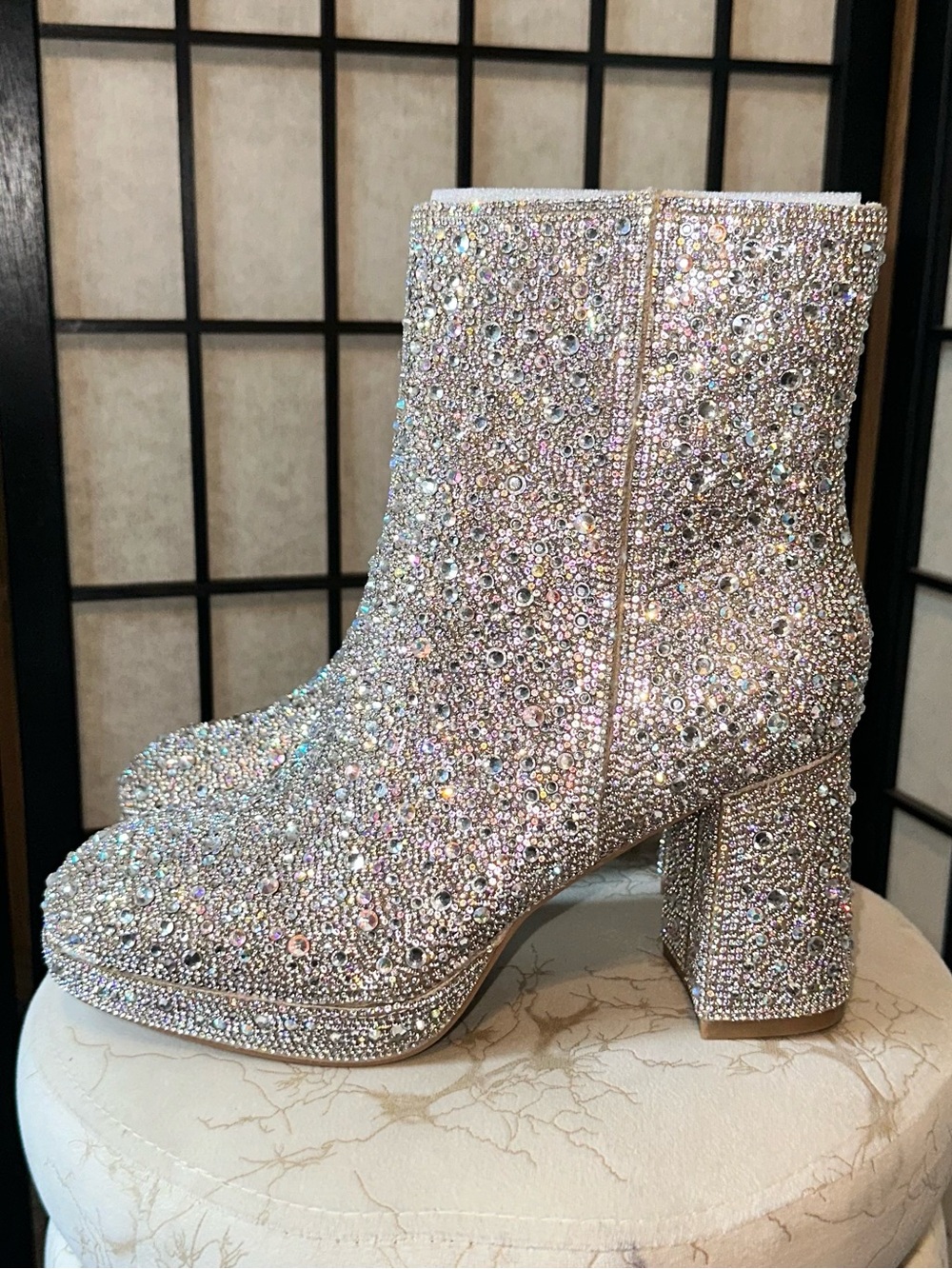 CORKY’S Bussin Rhinestone Embellished Silver Block Heel Boots